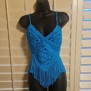 Elegant Blue Crochet Tank Top with Fringe